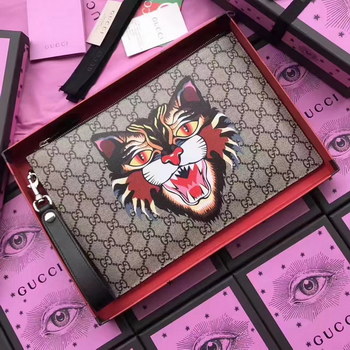 Replica Gucci 473904 Angry Cat Print GG Supreme Men Pouch