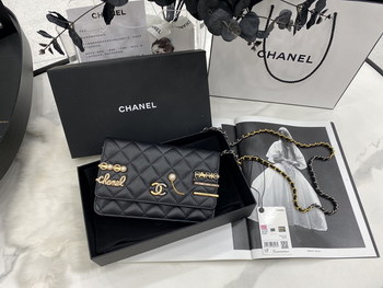 Replica 2022 New Replica Chanel Wallet on Chain Lambskin Glass Pearls Imitation Pearls Strass Gold Silver Ruthenium Finish Metal Black AP2508