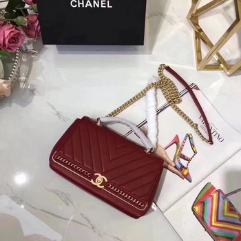 Replica Chanel A91845 Chevron Chain Stitched Red Top Handle Flap Bag