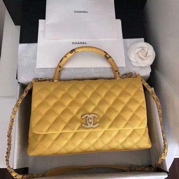 Replica Original Copy Coco Chanel Flap Bag with Top Handle Yellow Calfskin Gold Tone Metal