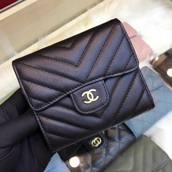 Replica Best Price Chanel Classic Small Zipped Wallet Lambskin Leather Gold Tone Metal Black