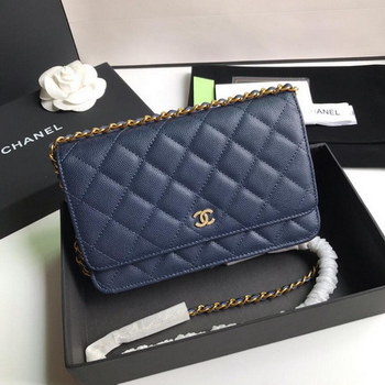 Replica Top Quality Chanel AP0315 Woc Wallet On Chain Iridescent Grained Lambskin Gold Tone Metal Dark Blue