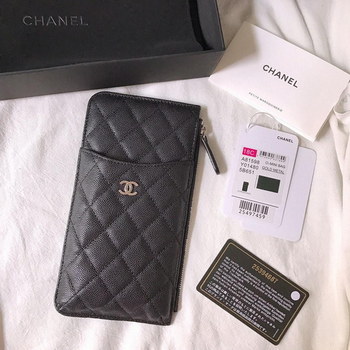 Replica New Copy Chanel Phone Bag Wallet Caviar Quilted Genuine Leather Black Silver