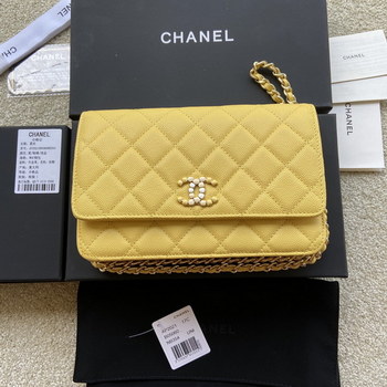 Replica Replica Chanel AP2021 Women Plain Wallet On Chain Caviar Leather Yellow