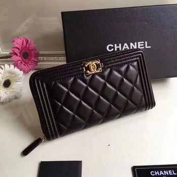 Replica Boy Chanel Zipper Wallet Lambskin Gold Tone Metal Black