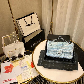 Replica Replica Chanel Mini Flap Bag Tweed Silver Tone Metal Light Blue 26cm