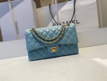 Replica Limited Edition Chanel Classic Flap 17CM 20Cm 25CM Sheepskin Shoulder Bag High End Water Blue With Gold