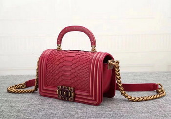 Replica Original Quality Chanel Red Python 20cm Boy Bag with Top Handle Bronze Hardware