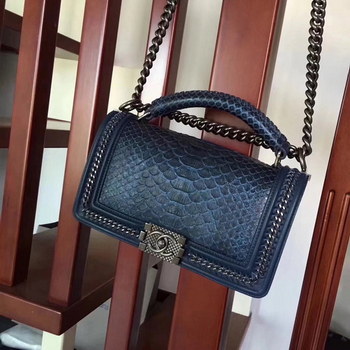Replica Chanel Blue Python 25cm Boy Bag with Top Handle Bronze Hardware