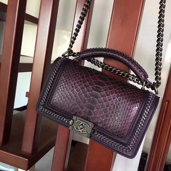 Replica Chanel Purple Python 25cm Boy Bag with Top Handle Bronze Hardware