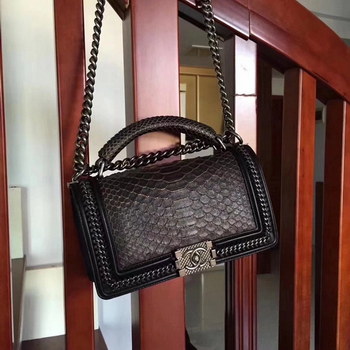 Replica Chanel Black Python 25cm Boy Bag with Top Handle Bronze Hardware