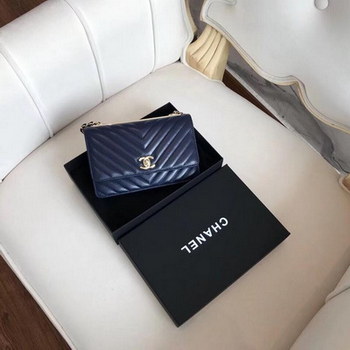 Replica Original Copy Chanel Classic Wallet On Chain Lambskin Gold Tone Metal Blue