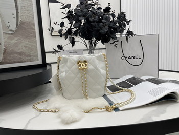 Replica 2022 New Style Chanel Bucket Bag Lambskin Imitation Pearls and Gold Tone Metal White AS2859 Copy