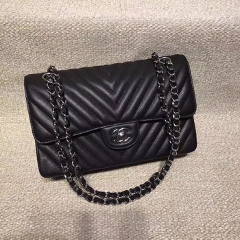 Replica Chanel Chevron Flap 25cm in Black Lambskin Bag With Silver Tone Metal