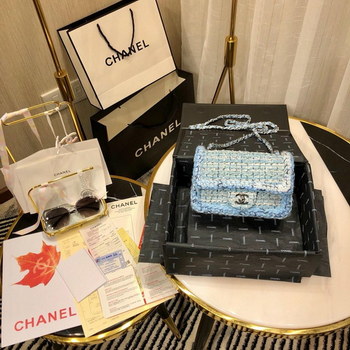 Replica Replica Chanel Mini Flap Bag Tweed Silver Tone Metal Light Blue 20cm