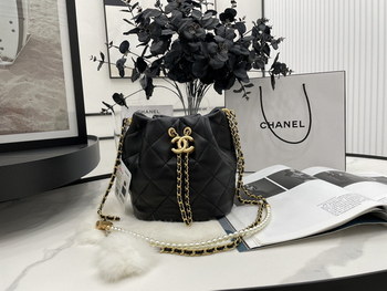 Replica 2022 New Style Chanel Bucket Bag Lambskin Imitation Pearls and Gold Tone Metal Black AS2859 Copy