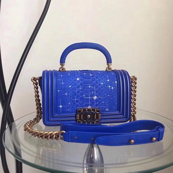 Replica Original Quality Chanel Blue Python 20cm Boy Bag with Top Handle Bronze Hardware