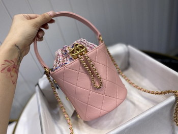 Replica Perfect Replica Chanel Small Drawstring Bag Calfskin Tweed Gold Tone Metal Light Pink Multicolor