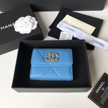 Replica Top Quality Chanel AP1064 19 Small Flap Wallet Lambskin Gold Tone Ruthenium Finish Metal Blue