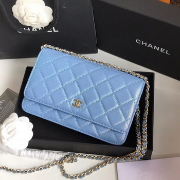 Replica Top Quality Chanel Woc Wallet On Chain Iridescent Grained Lambskin Gold Tone Metal Light Blue AP0315