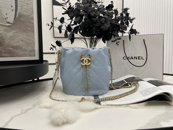 Replica 2022 New Style Chanel Bucket Bag Lambskin Imitation Pearls and Gold Tone Metal Blue AS2859 Copy
