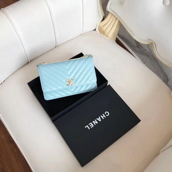 Replica Original Copy Chanel Classic Wallet On Chain Lambskin Gold Tone Metal Light Blue