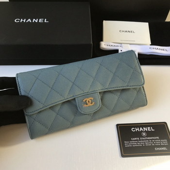 Replica Best Price Chanel A80758 Classics Flap Long Wallet Grained Calfskin Blue