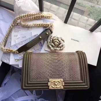 Replica Original Chanel Boy Python Lambskin Handbag Khaki With Gold