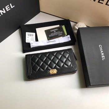 Replica Replica Chanel BOY CHANEL Long Zipped Wallet Lambskin Gold Tone Metal Black