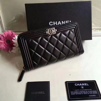 Replica Boy Chanel Zipper Wallet Lambskin Silver Tone Metal Black