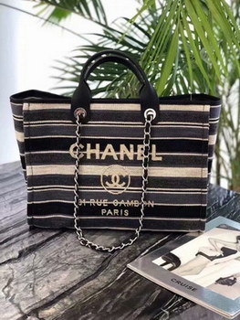 Replica Original Replica Chanel Shopping Bag Black Canvas Calfskin Silver Tone Metal