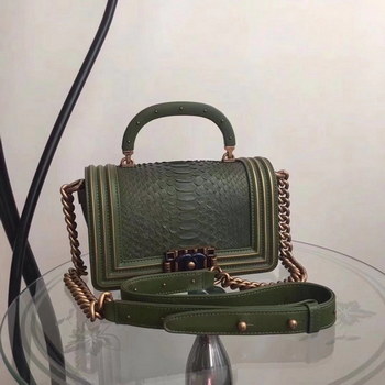 Replica Original Quality Chanel Green Python 20cm Boy Bag with Top Handle Bronze Hardware