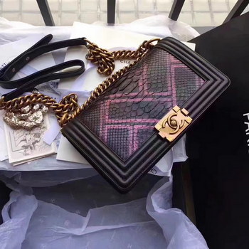Replica Original Chanel Boy Python Lambskin Handbag Black With Gold
