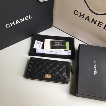 Replica Replica Chanel BOY CHANEL Long Zipped Wallet Grained Calfskin Gold Tone Metal Black