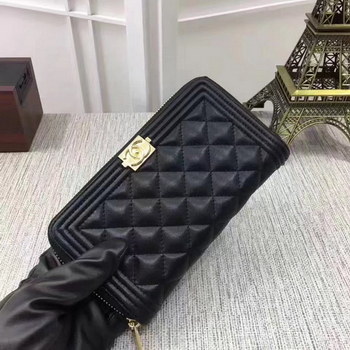 Replica Chanel Boy Zipper Wallet Lambskin With Gold Metal Black