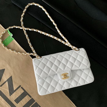 Replica Original Copy Chanel Classic Flap Bag Grained Calfskin Gold Tone Metal White