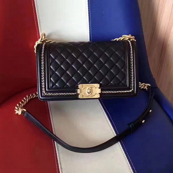 Replica Chanel 2017 Boy Punched Chain Shoulder Bag Black With Gold