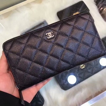 Replica Copy Chanel Classic Zipped Wallet Caviar Quilted Genuine Leather Silver Tone Metal