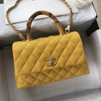 Replica Original Copy Coco Chanel Flap Bag with Top Handle Yellow Calfskin Silver Tone Metal