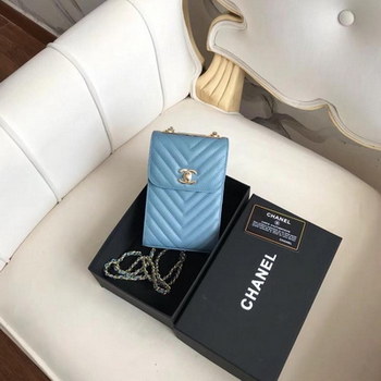 Replica Original Copy Chanel Phone Bag With Gold Tone Light Blue