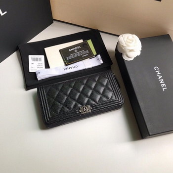 Replica Replica Chanel BOY CHANEL Long Zipped Wallet Grained Calfskin Silver Tone Metal Black