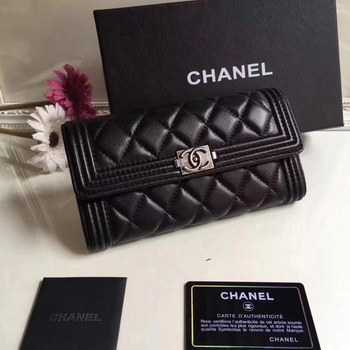 Replica Boy Chanel Flap Wallet Lambskin Silver Tone Metal Black