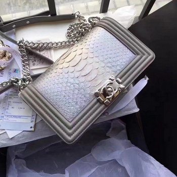 Replica Original Chanel Boy Python Lambskin Handbag White With Silver
