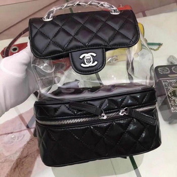 Replica Chanel Flap Bag Crumpled Calfskin PVC Resin Silver Tone Metal Black