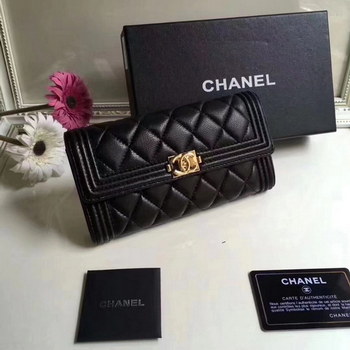 Replica Boy Chanel Flap Wallet Lambskin Gold Tone Metal Black