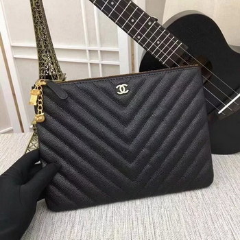 Replica Fake Best Chanel Pouch Grained Calfskin Gold Tone Metal Black