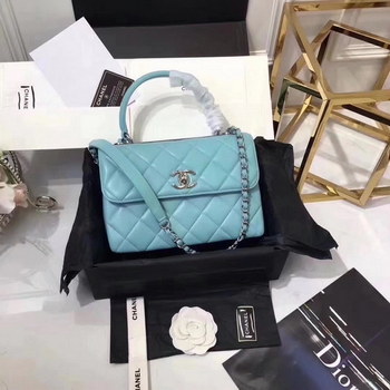 Replica Original Chanel Flap Bag With Top Handle Lambskin Silver Light Blue