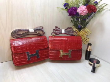 Replica Hermes 23cm Constance Shoulder Bag Crocodile Stripe Red With Gold And Silver