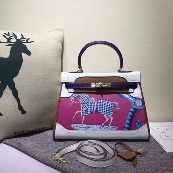 Replica Hermes Kelly 28cm Horse Print Togo Leather Handbag White Coffee