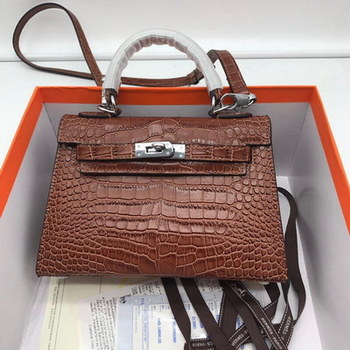 Replica Hermes 22cm Kelly Bag Crocodile Stripe Handbag Coffee With Silver